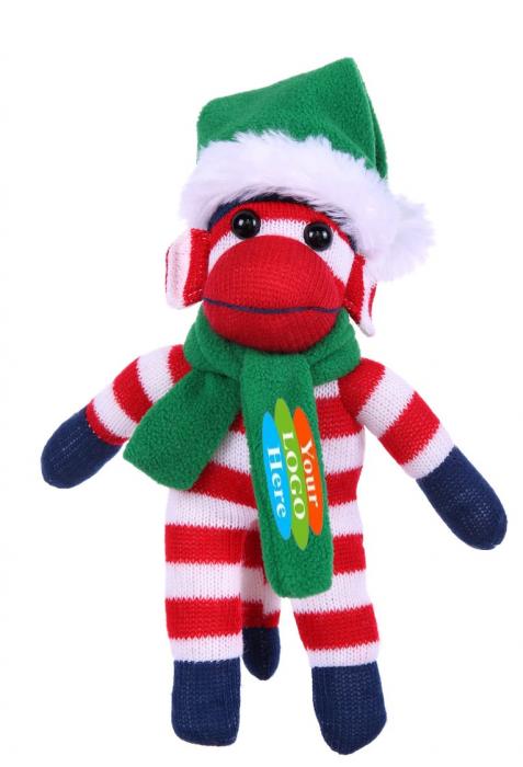Patriotic Sock Monkey With Christmas Hat and Scarf 10"