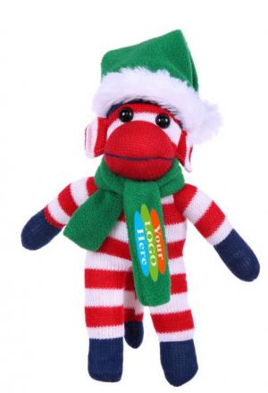 Patriotic Sock Monkey With Christmas Hat and Scarf 16"