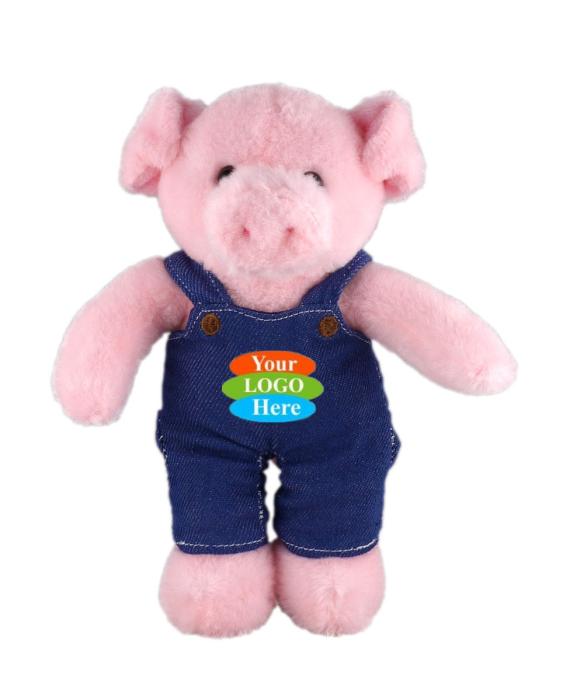 Soft Plush Stuffed Pig in Denim Overall. 8" - Navy Blue