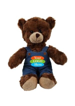 Soft Plush Chocolate Curly Sitting Bear in Denim Overall 6"