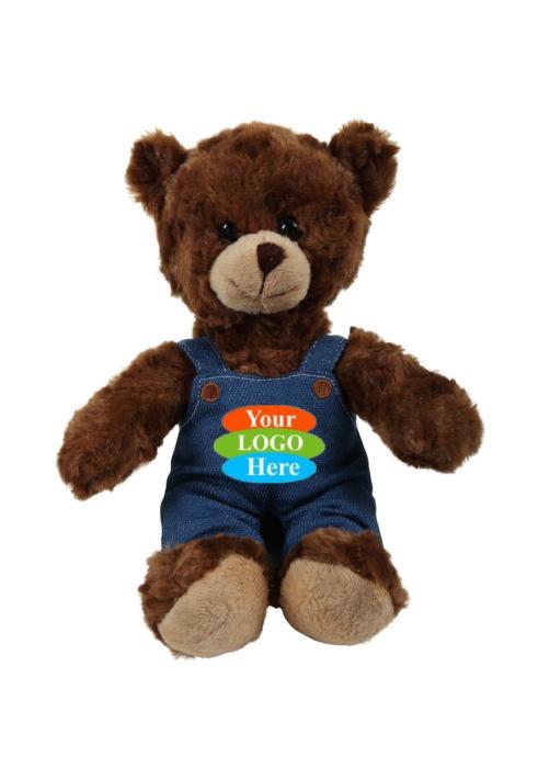 Soft Plush Chocolate Curly Sitting Bear in Denim Overall 6"