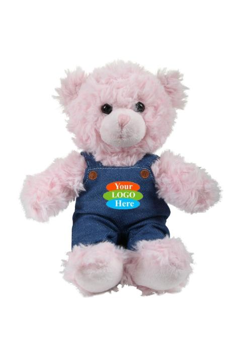 Soft Plush Pink Curly Sitting Bear in Denim Overall 6"