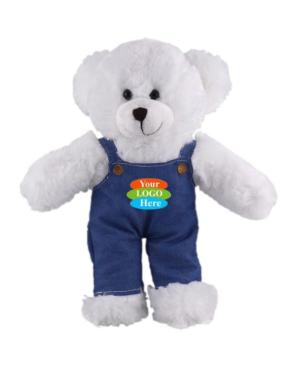 Soft Plush Stuffed White Bear in Denim Overall 12"