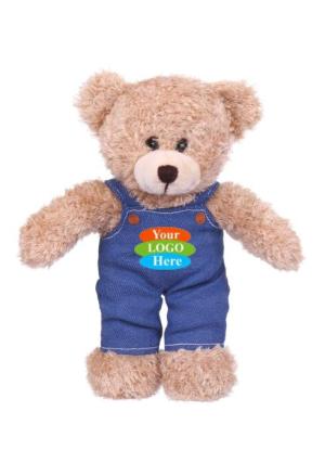 Soft Plush Tan Bear in Denim Overall 8"