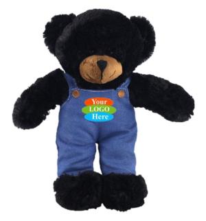 Soft Plush Stuffed Black Bear in Denim Overall 8"