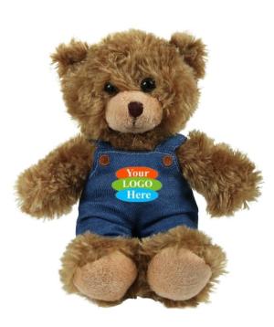 Soft Plush Mocha Curly Sitting Bear in Denim Overall 6"