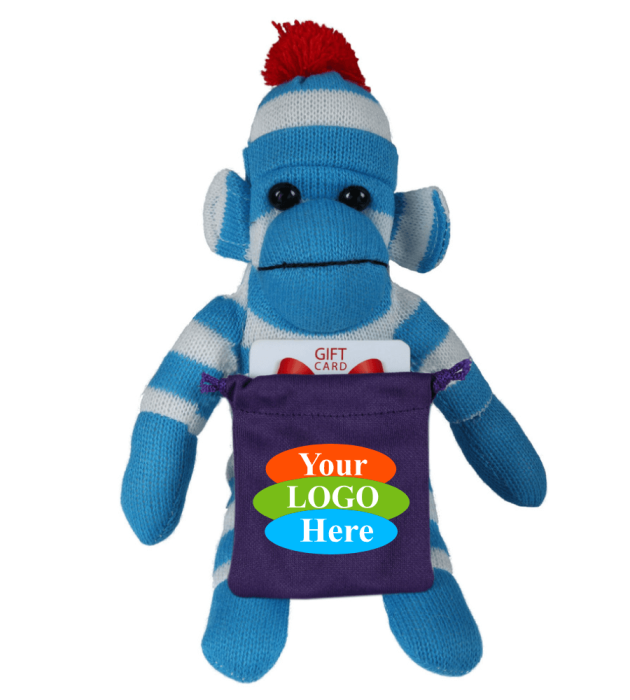 Soft Plush Blue Sock Monkey With Gift Card Sack 10"