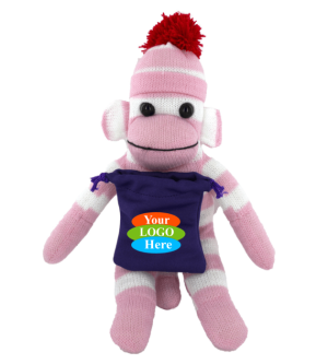 Soft Plush Pink Sock Monkey With Gift Card Sack 10"