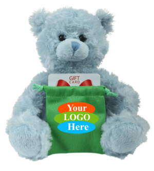 Soft Plush Blue Curly Sitting Bear with gift card sack 6"