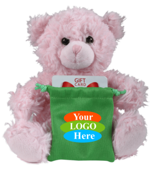 Soft Plush Pink Curly Sitting Bear with gift card sack 6"
